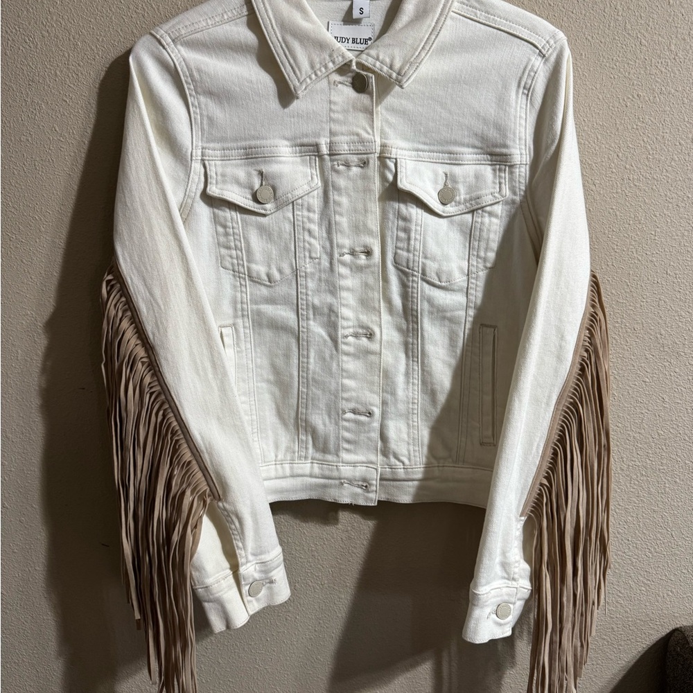 Judy blue Cream/White Denim Jacket with Fringe